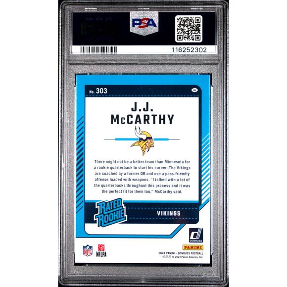 2024 Panini Donruss Rated Rookie J.J. McCarthy #303 (RC) PSA 10 GEM MINT VIKINGS - Picture 3 of 3